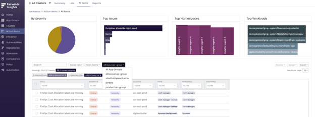 App Groups Filtering on Action Items page in Fairwinds Insights